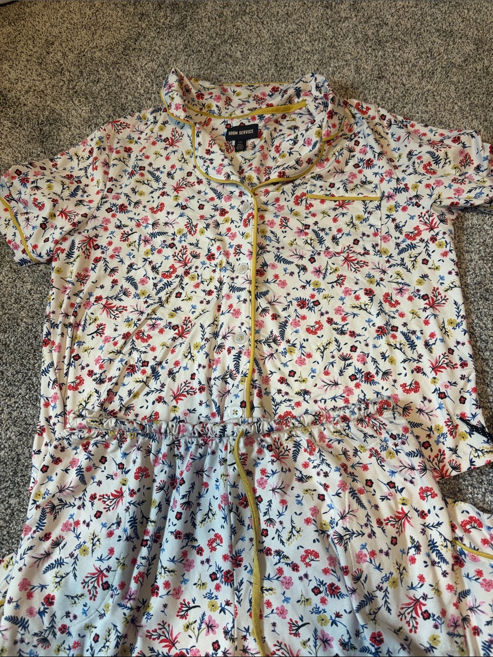Room Service Women's Floral Pajama Set in Cream with Yellow Trim - Picture 2 of 3